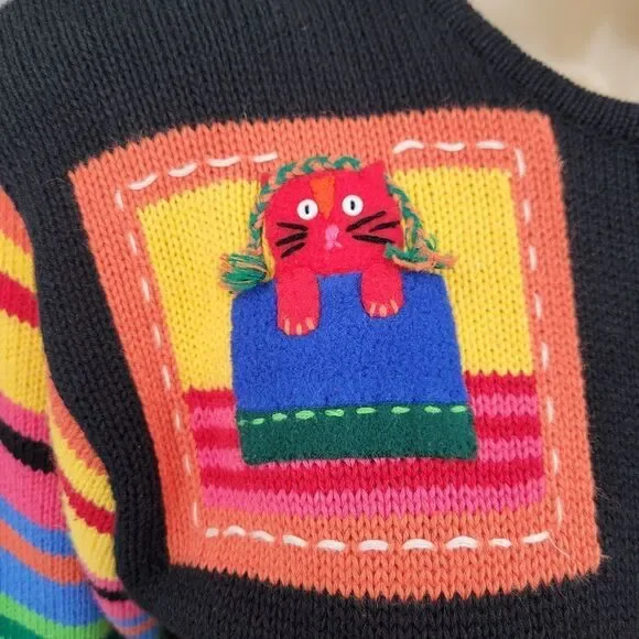 Susan Bristol Colorful Cat Pattern Women's Sweater Cardigan Y2K Patchwork - Picture 3 of 14